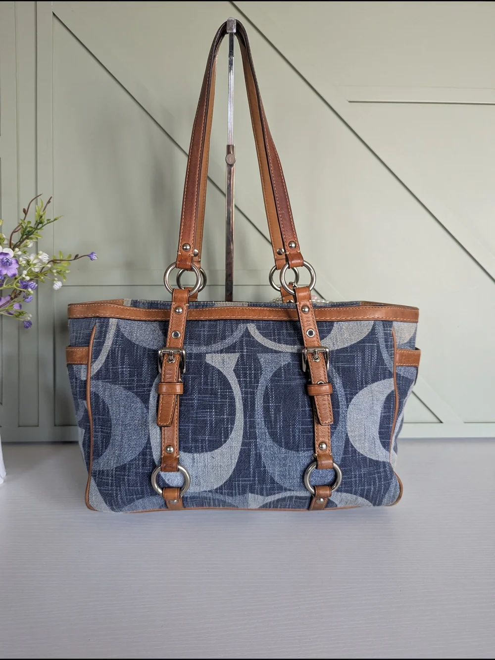 Coach Blue Pattern Logo Tote with Brown Trim